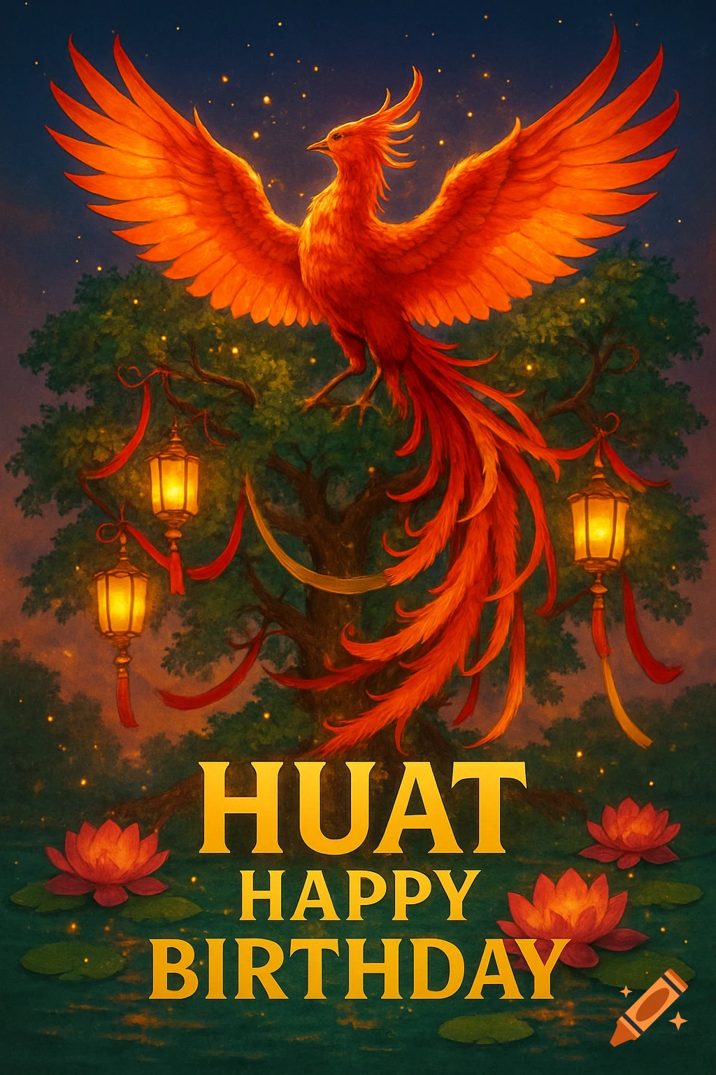 A vibrant orange phoenix with outstretched wings over a dark forest, with lanterns, lotus flowers, and 'HUAT HAPPY BIRTHDAY' in gold.
