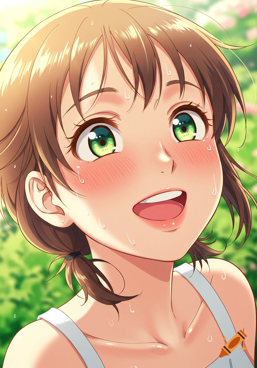 Close-up of an anime girl with short brown hair and bright green eyes, smiling with her mouth open and sweating, against a blurred green background.