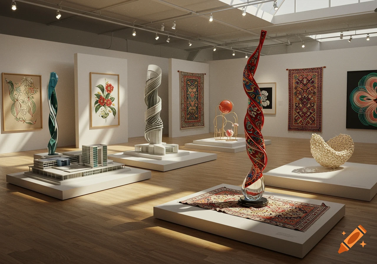 A brightly lit modern art gallery showcases various sculptures, architectural models, and wall hangings on light wooden floors.