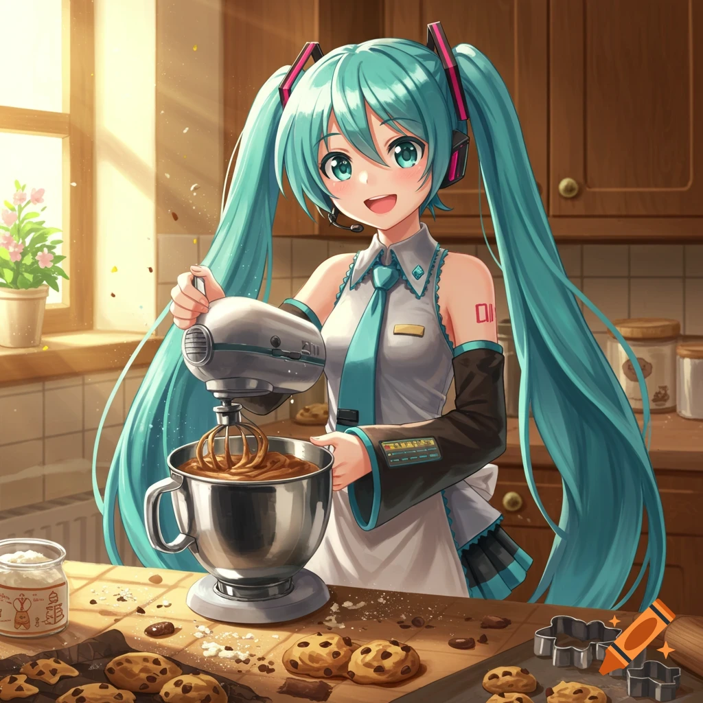 Hatsune Miku in an anime style bakes chocolate chip cookies in a sunlit kitchen, mixing batter in a stand mixer.
