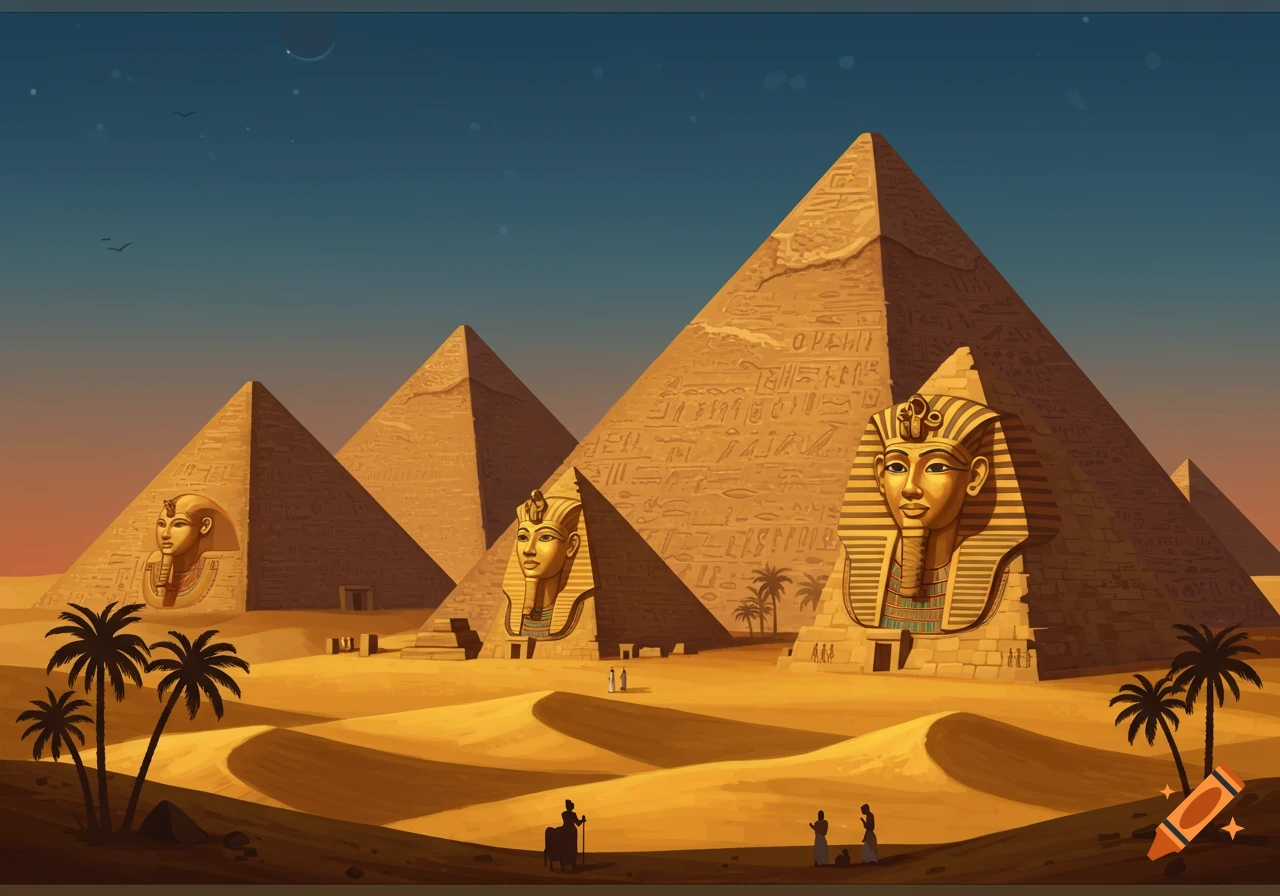 Illustration of three Egyptian pyramids in a desert, with pharaohs' faces carved into them, and palm trees.