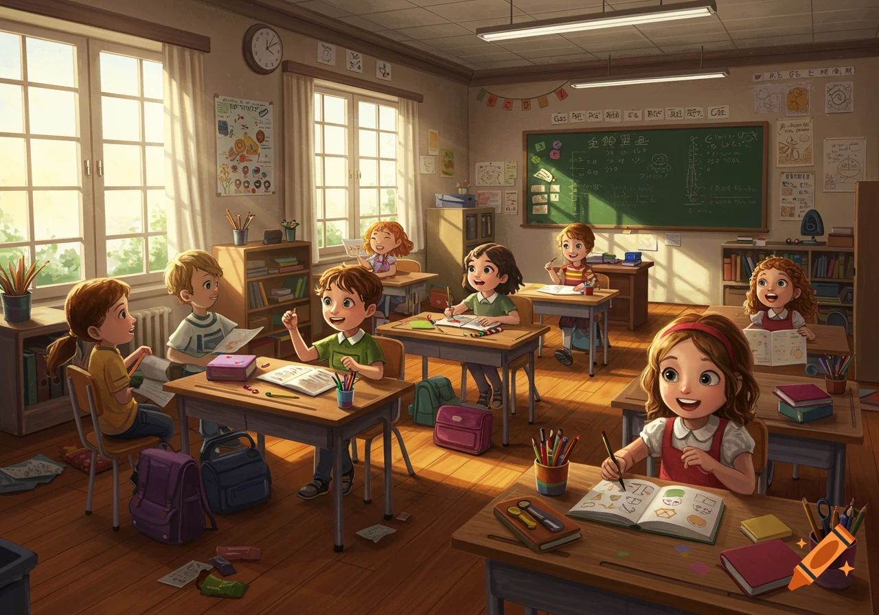 Cartoon illustration of a diverse group of happy children actively learning in a brightly lit classroom with desks, books, and a blackboard.