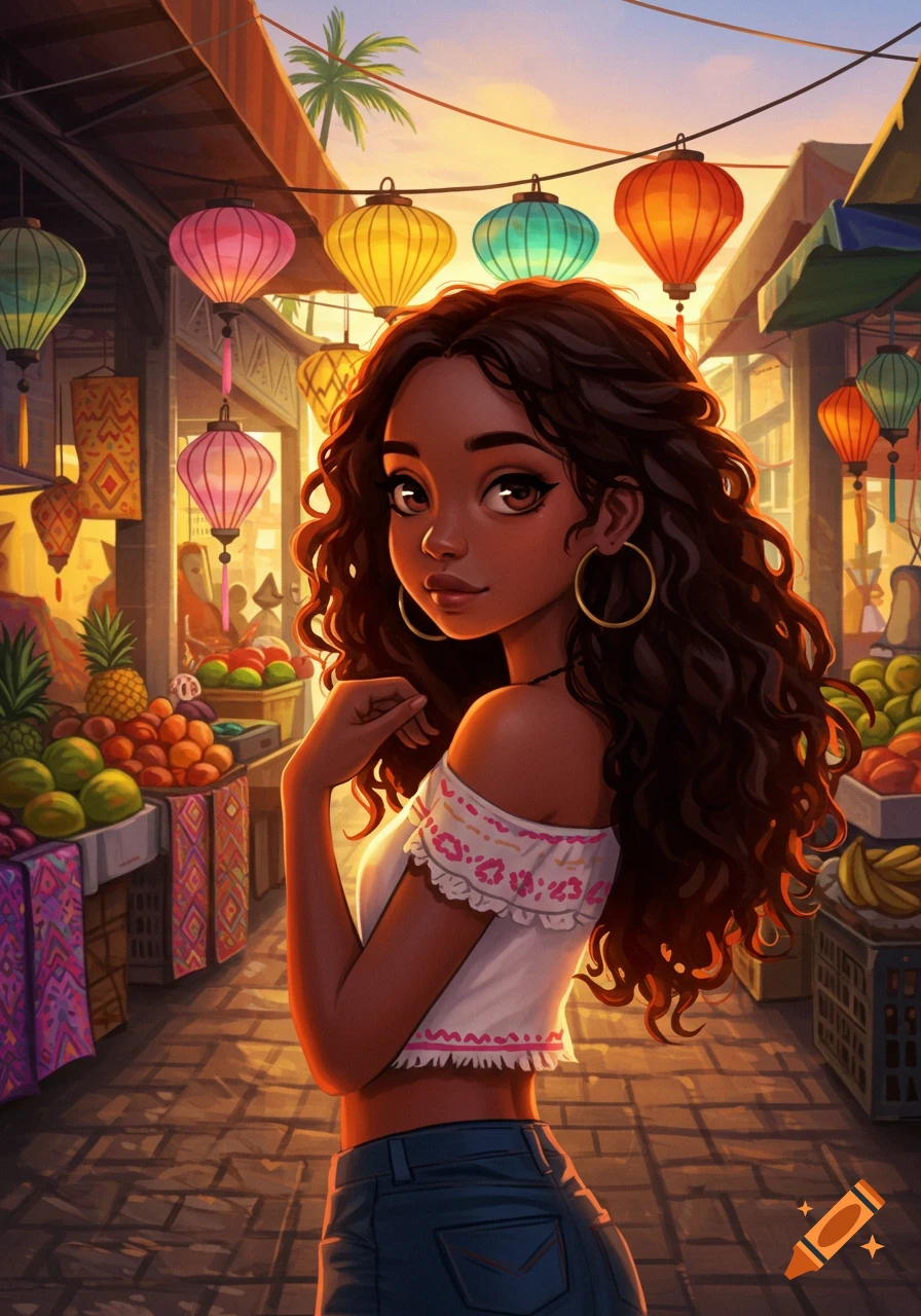 Stylized illustration of a girl with dark skin and wavy hair in a vibrant marketplace with lanterns and fruit stalls.