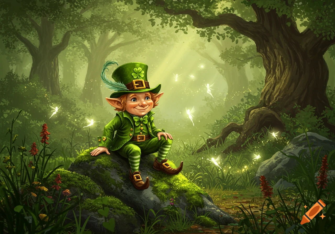 A whimsical leprechaun in a green suit and hat sits on a mossy rock in a magical forest, smiling while glowing fairies float around him.