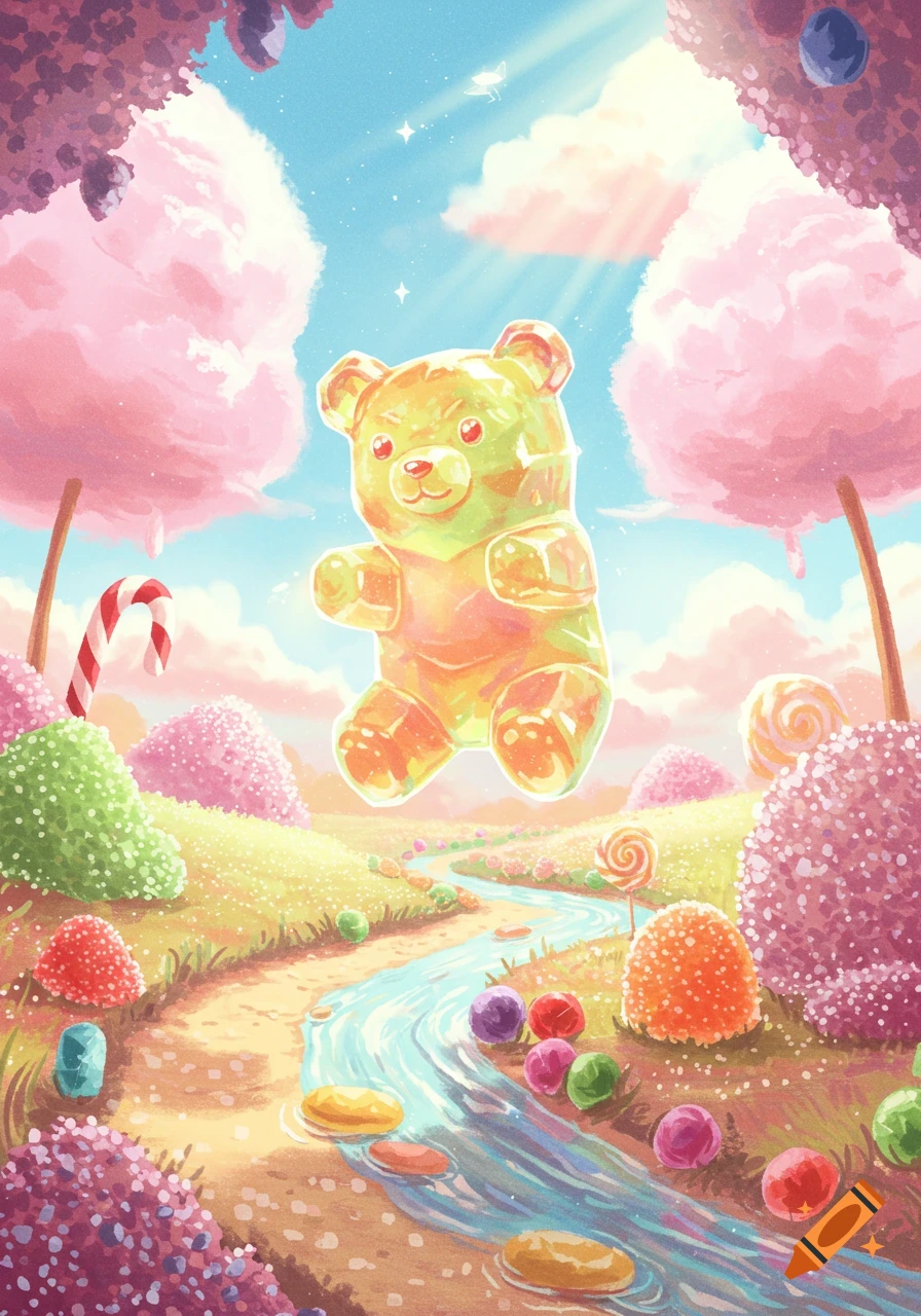 A vibrant, whimsical candy land with a giant, glowing gummy bear floating above a river of sweets, featuring cotton candy trees and lollipop flowers.