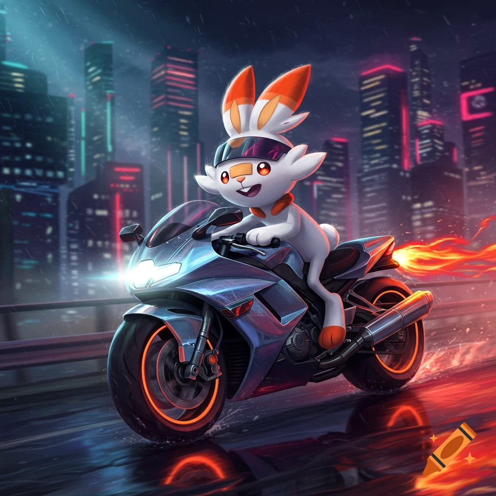 Scorbunny from Pokemon driving a futuristic motorcycle through a rainy neon city at night.