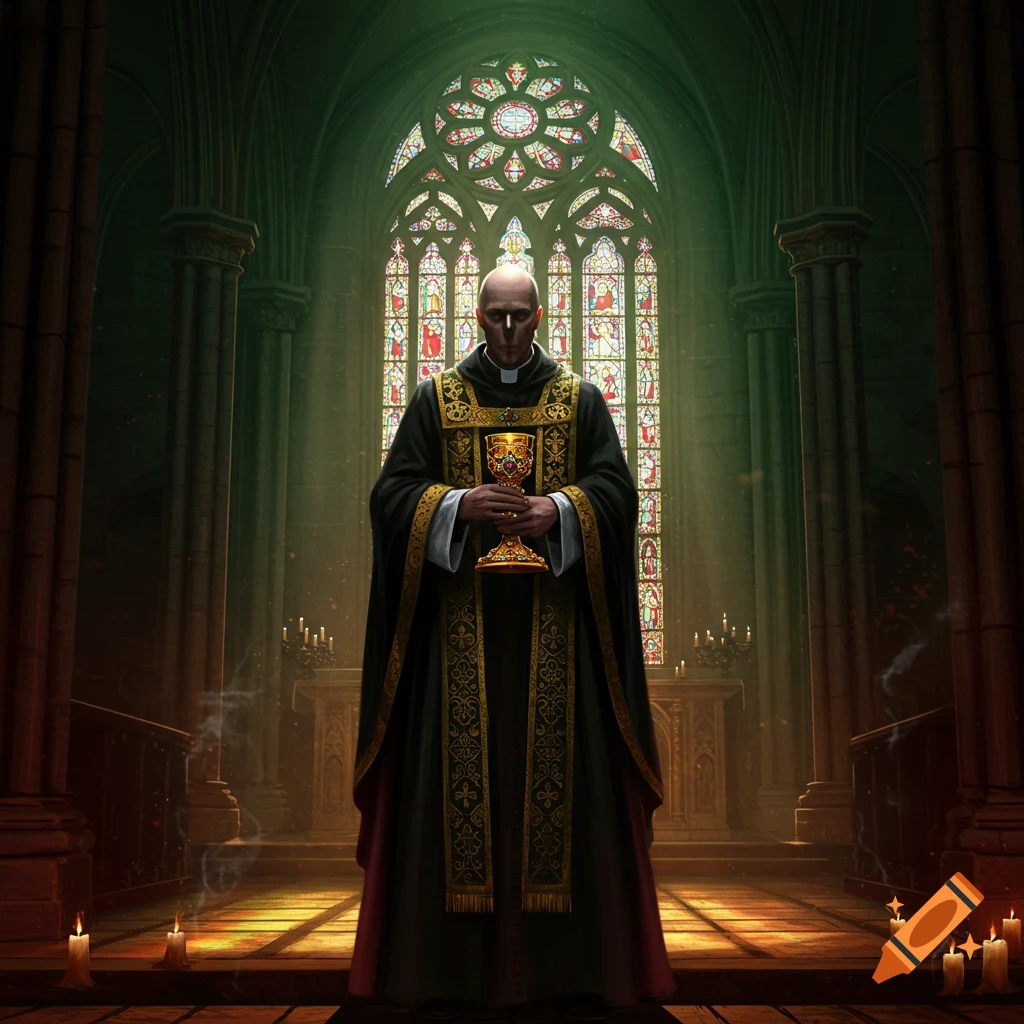 A bald priest in ornate black and gold robes holds a golden chalice inside a dark Gothic church with a vibrant stained glass window. Dark fantasy.