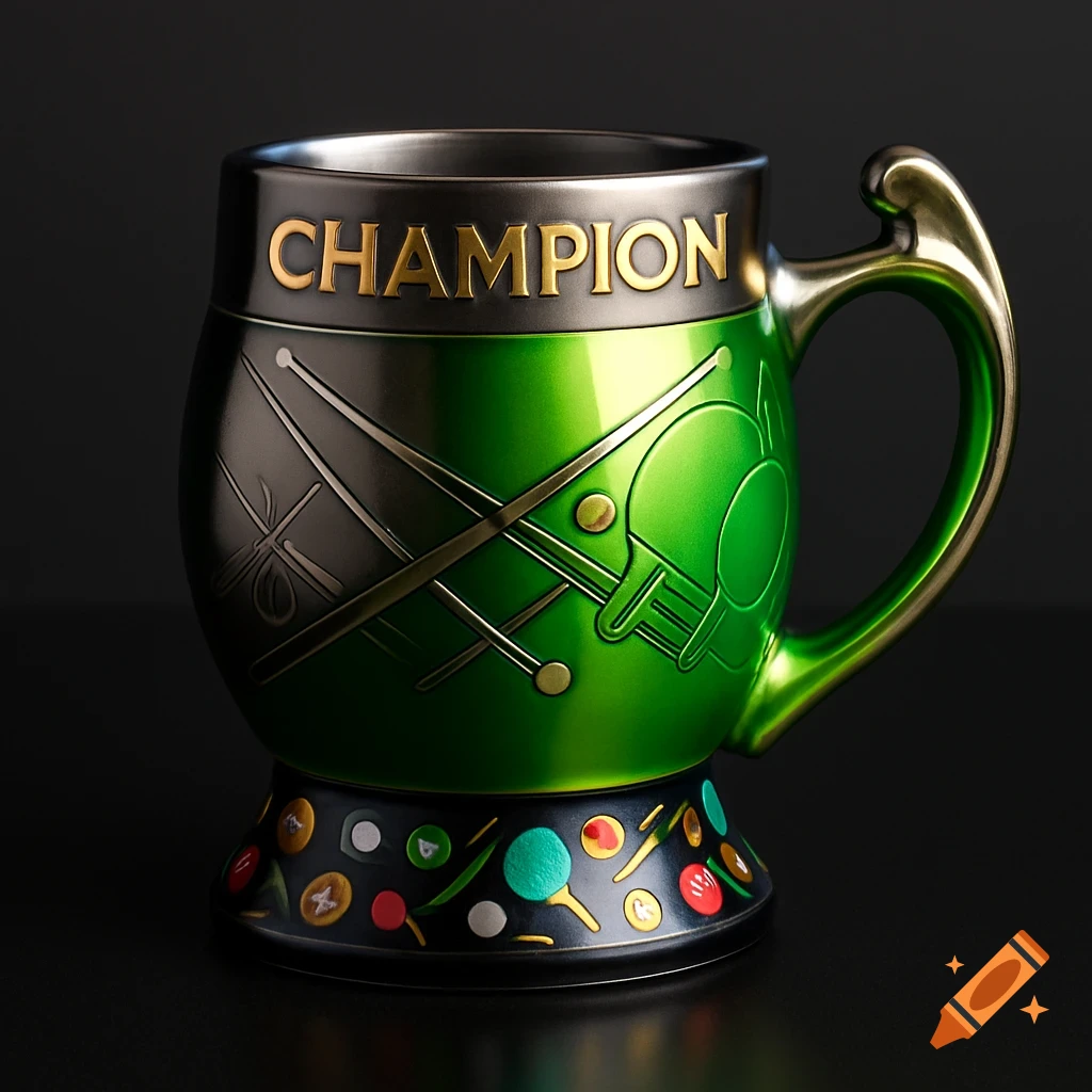A metallic green and silver champion's mug features embossed gold "CHAMPION" text and designs of pool cues, billiards, and ping pong paddles.