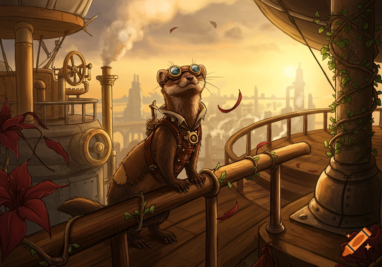 A detailed illustration of a steampunk stoat wearing goggles and a harness, standing on an airship deck with vines and a city skyline at sunset.