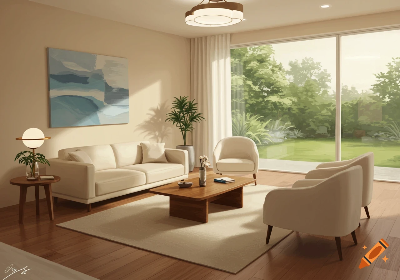 A bright, modern consultation room with a cream sofa, two armchairs, a wooden coffee table, and a large window overlooking a green garden.