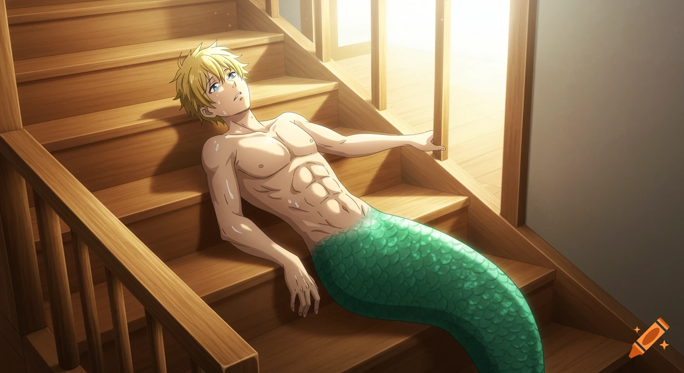 A blue-eyed blond merman with a green tail lies on a wooden staircase, his arms holding the railing, struggling in anime style.