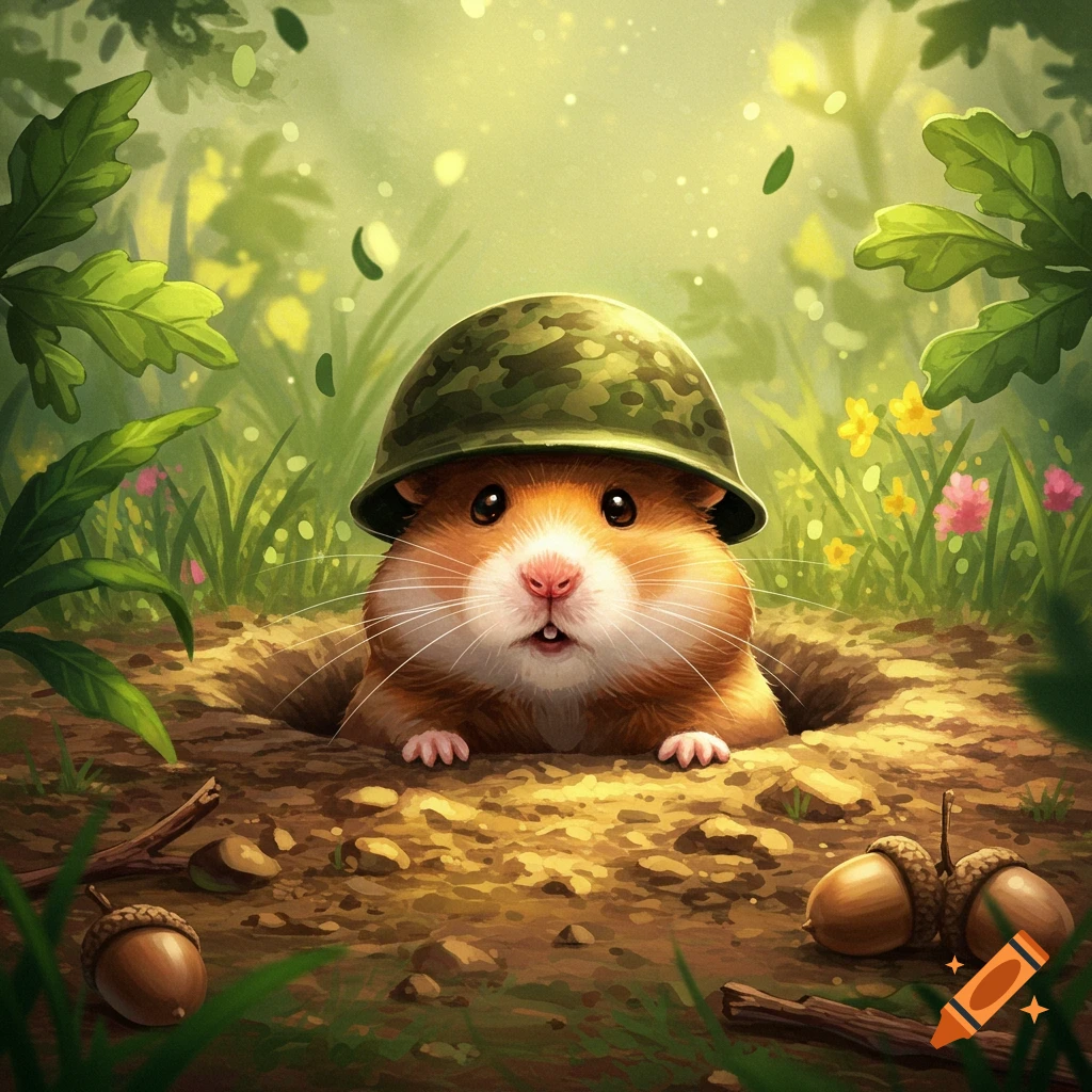 A cute hamster wearing a camouflage army helmet pops out of a dirt hole in a lush, green forest.