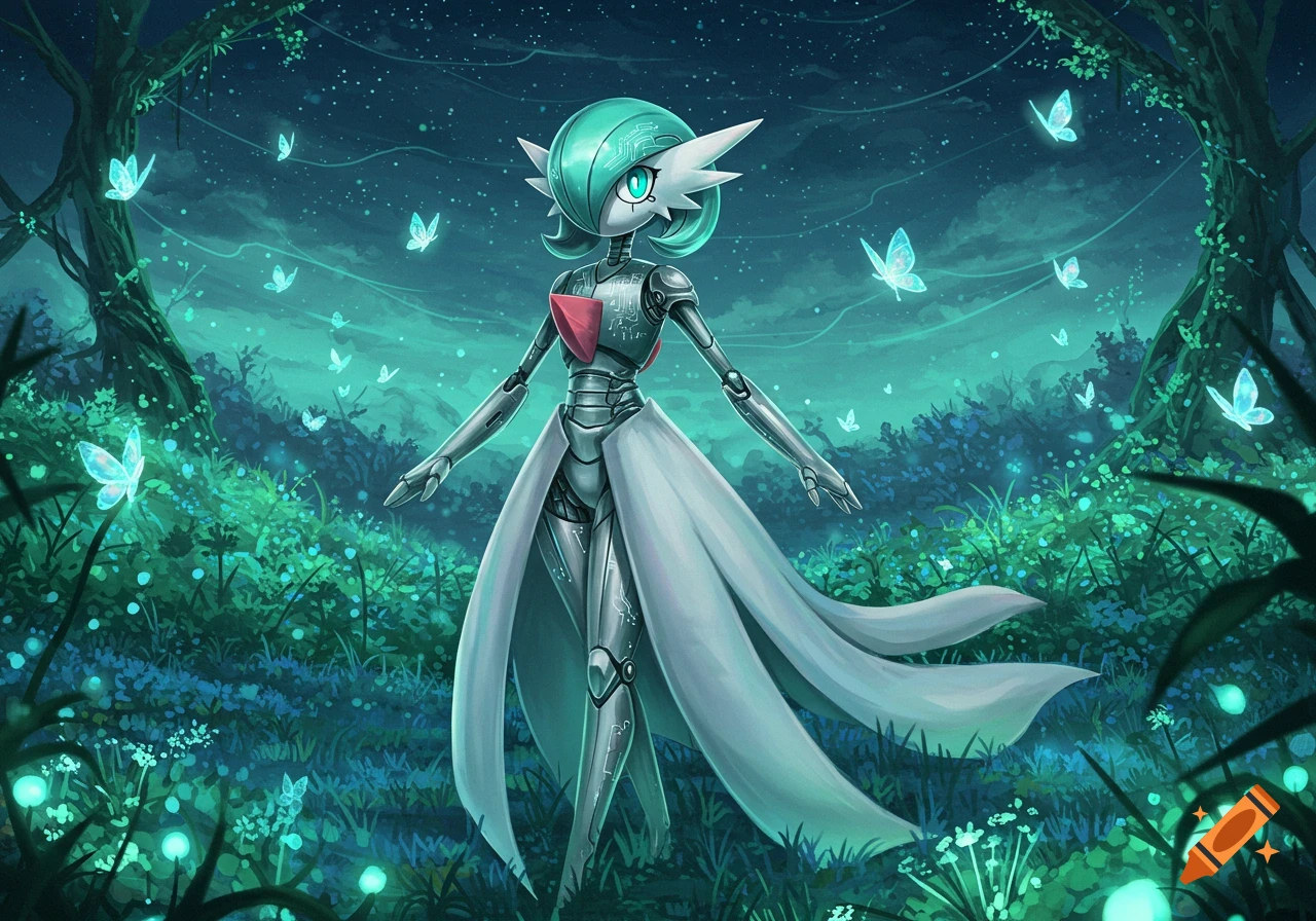 A robotic Gardevoir stands in a glowing teal forest at night, surrounded by luminous butterflies and plants, digital art.