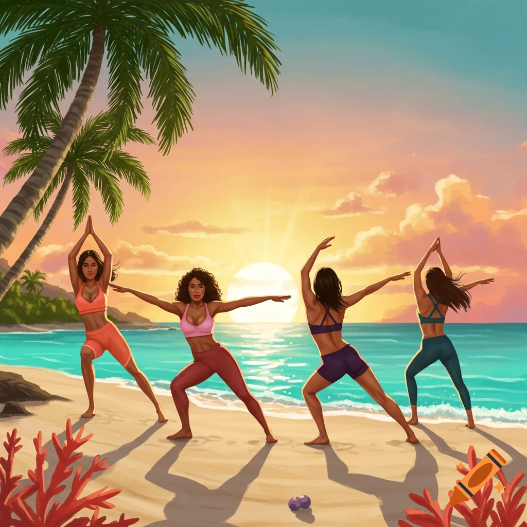 Illustrated scene of four women doing yoga on a tropical beach at sunset.