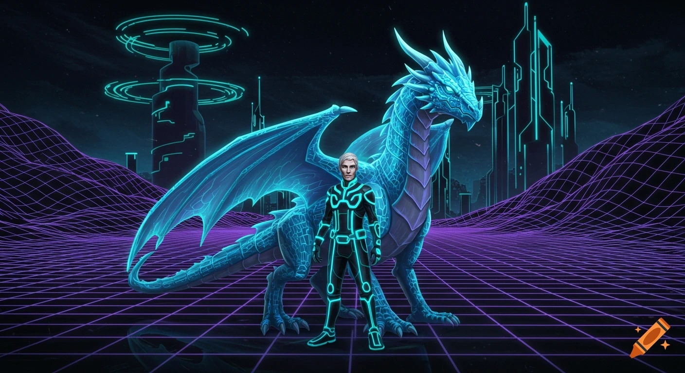 A man in a glowing neon suit stands next to a large blue dragon in a futuristic, neon grid landscape with glowing buildings.