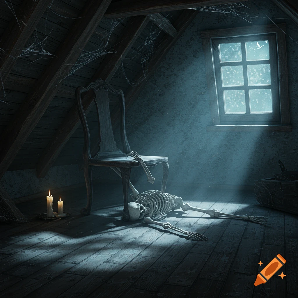 A skeleton lies partly under an old wooden chair in a dusty, cobwebbed attic illuminated by moonlight.