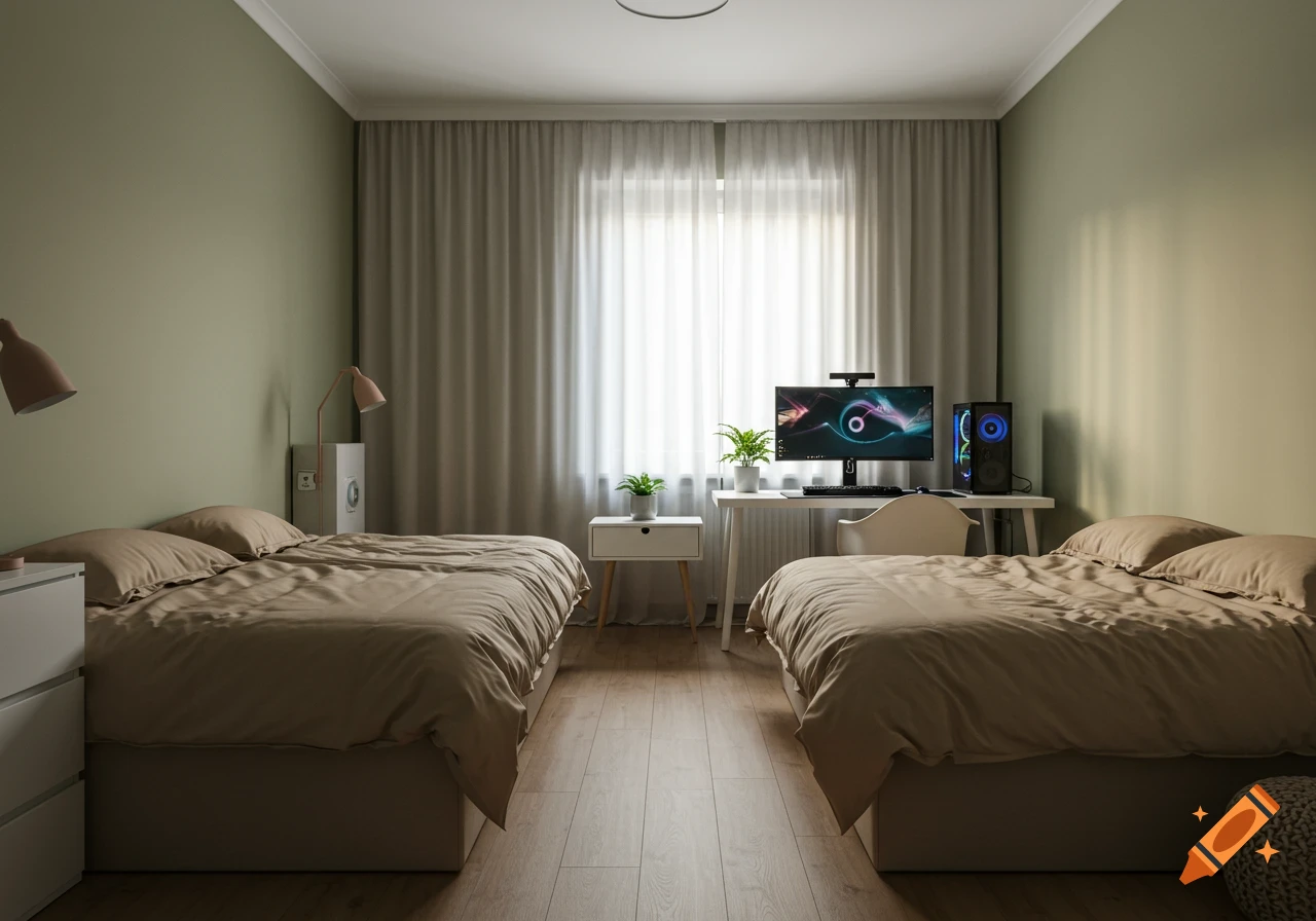 A neat room with light green walls, two beige-duvet beds, a window with sheer curtains, and a white desk with a glowing PC setup.