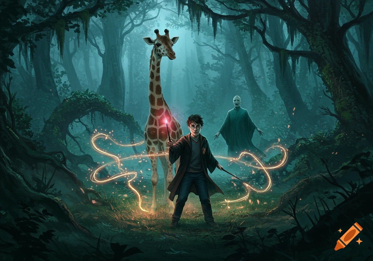 Harry Potter casts a glowing spell with a wand, standing in a misty forest between a giraffe and Lord Voldemort.