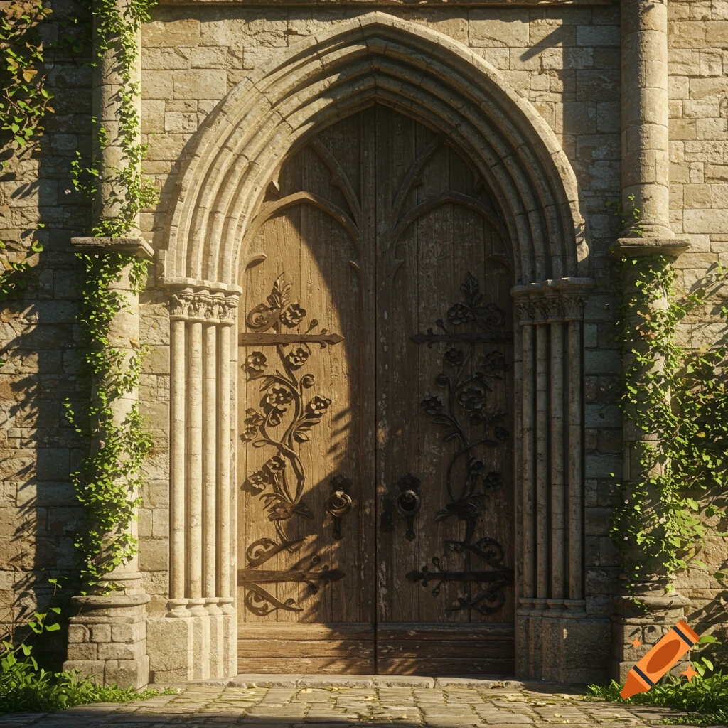 A gothic arched wooden door with intricate metal designs, set in a stone wall covered in green ivy, lit by warm sunlight.