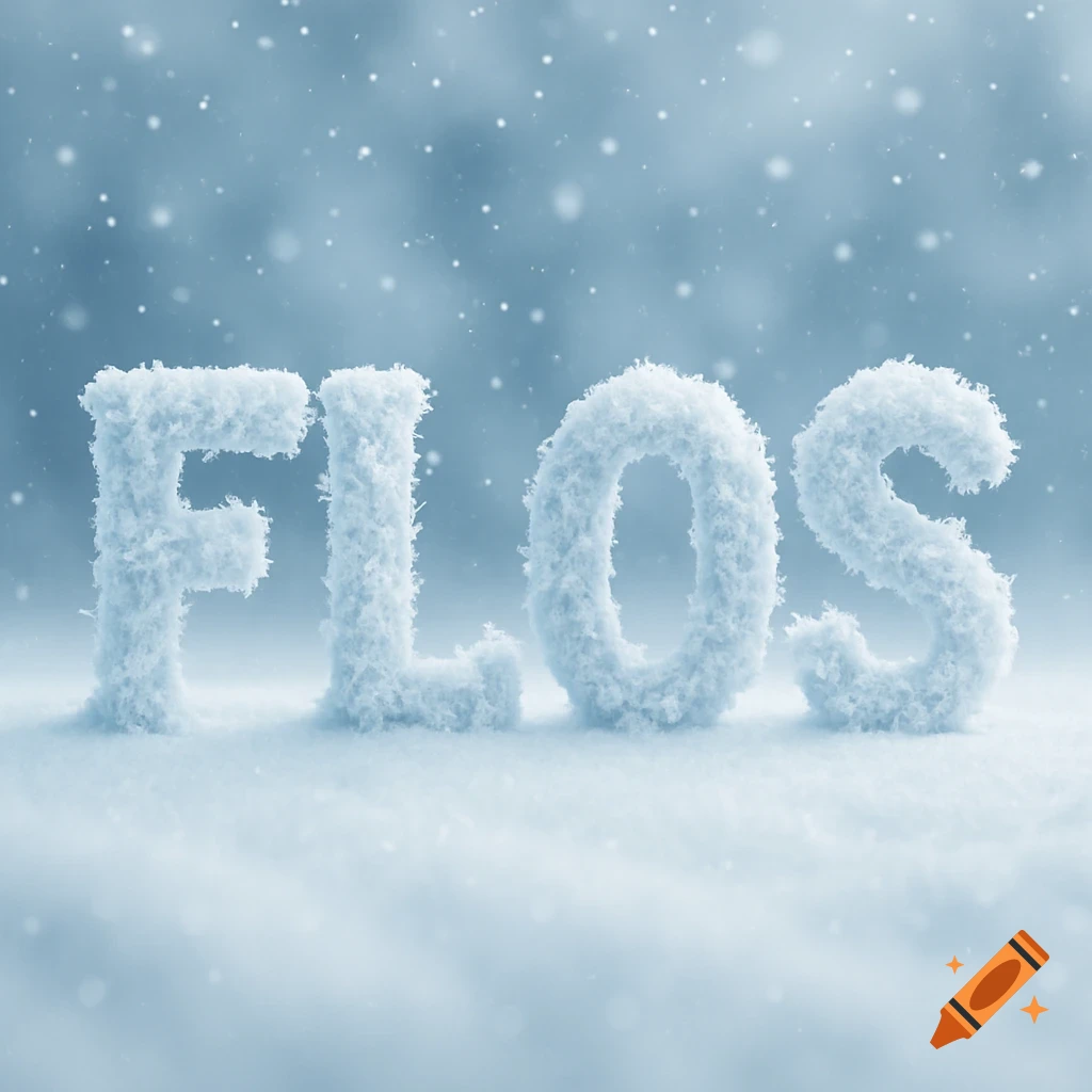The letters FLOS made of snow, standing on a snowy ground with falling snowflakes in the background.