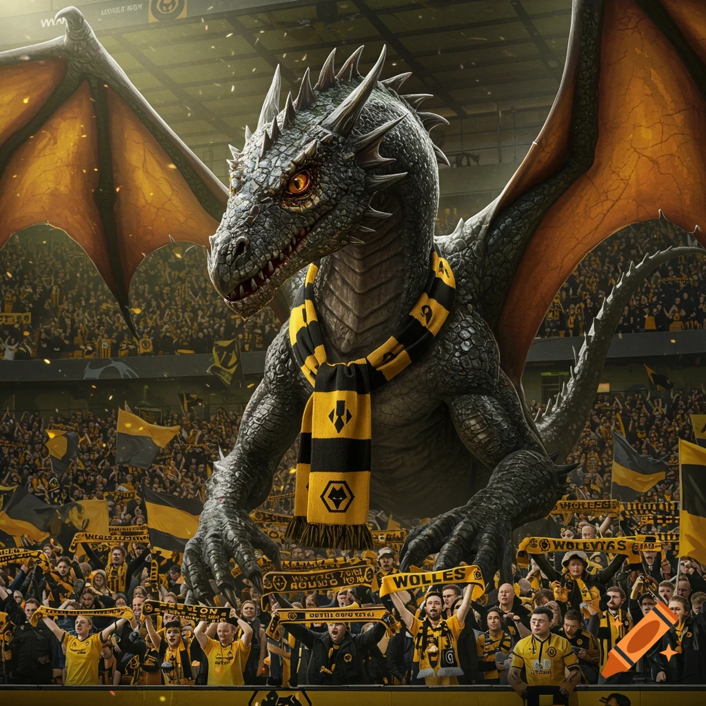 A large grey dragon with orange wings wearing a black and yellow scarf stands among a football stadium crowd holding scarves.