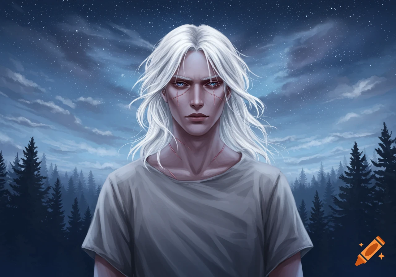 Digital art portrait of a white-haired man with blue eyes and facial scars under a starry night sky.
