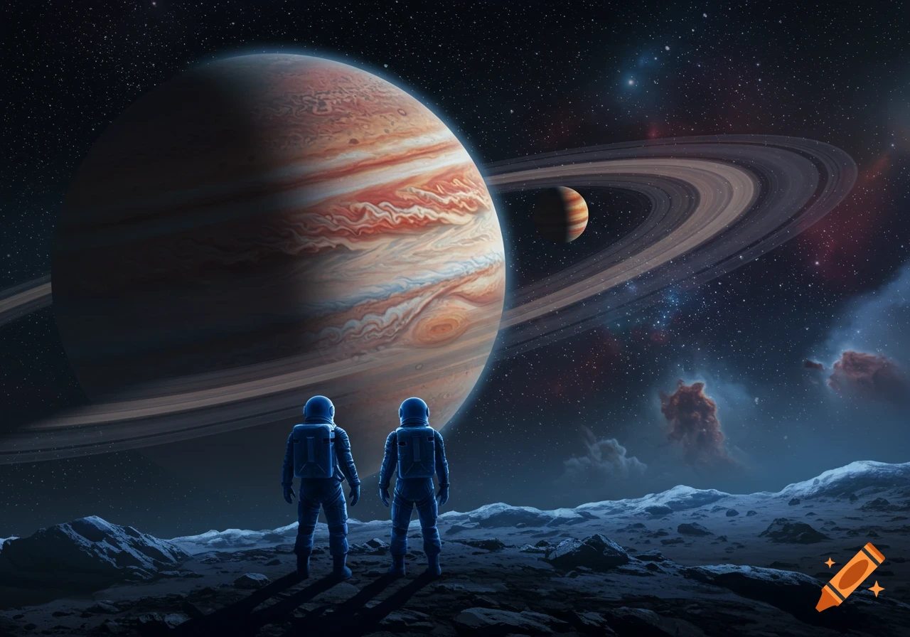 Two astronauts stand on a rocky alien planet, looking at a large ringed gas giant in a starry cosmic sky.