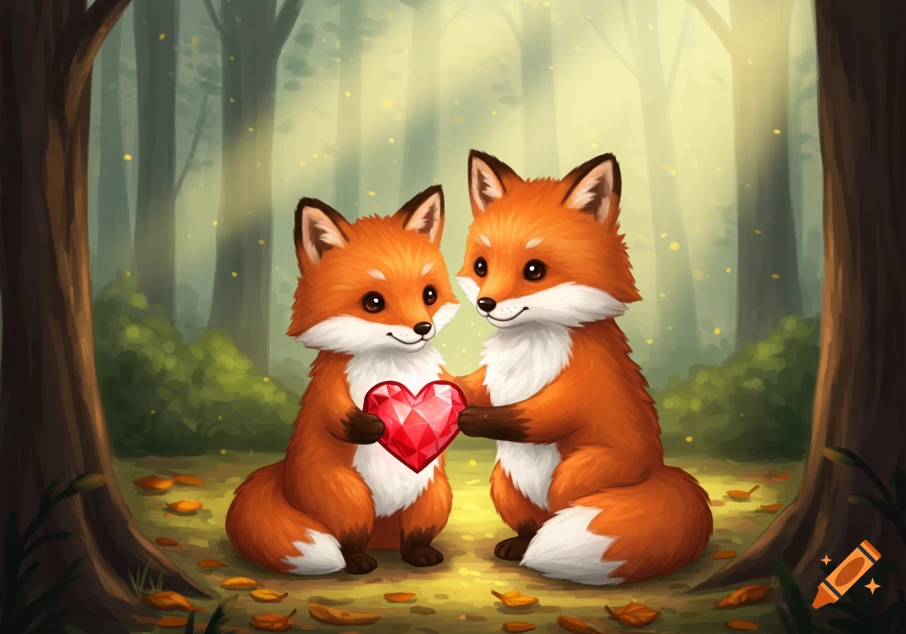 Two cute cartoon foxes holding a sparkling red heart in a magical forest illustration.