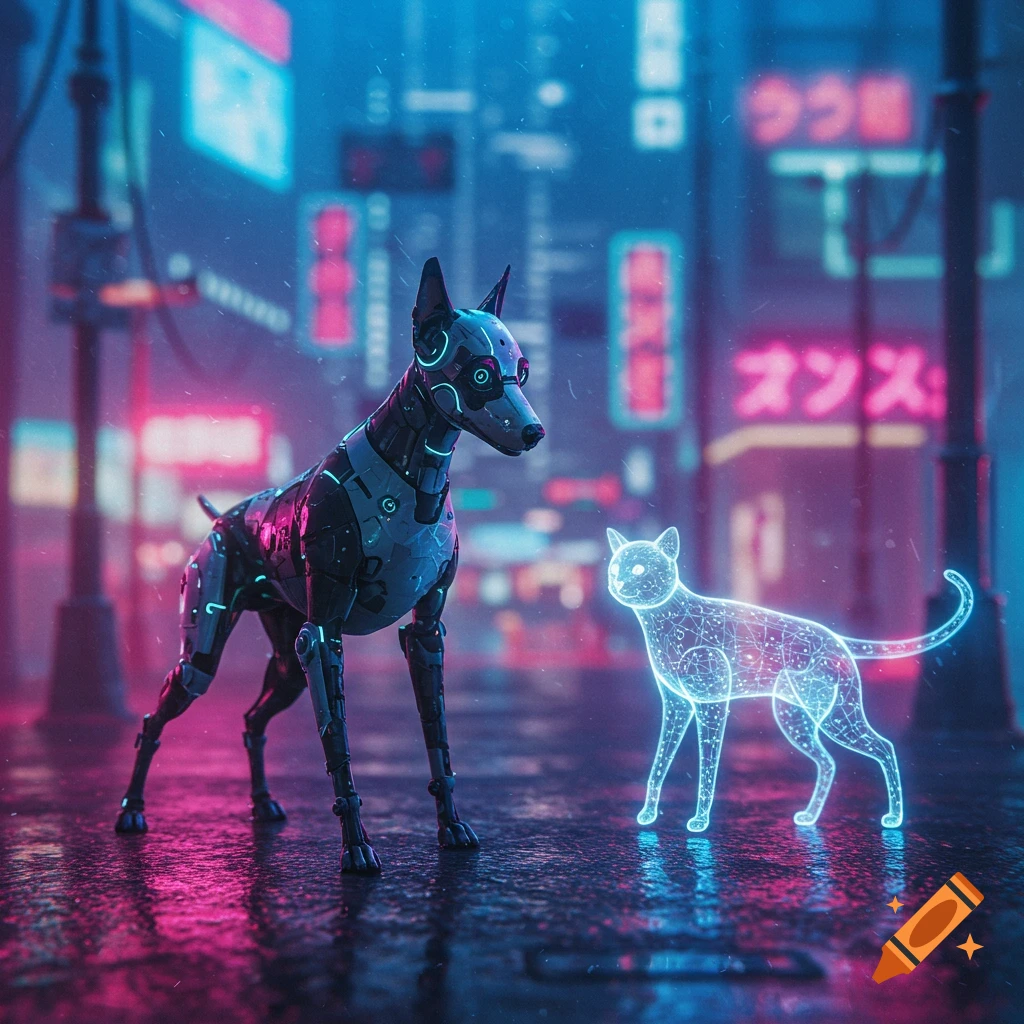 A metallic robot dog stands next to a glowing blue holographic cat on a wet cyberpunk street at night, illuminated by neon signs.