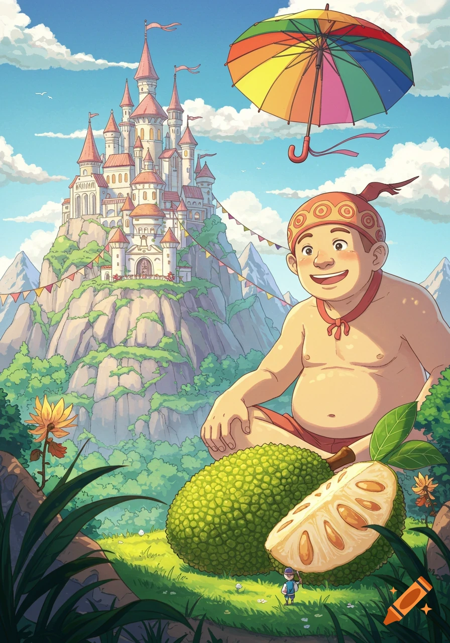 Childish anime drawing of a giant with a jackfruit, a magical castle, and a rainbow umbrella in a vibrant landscape.