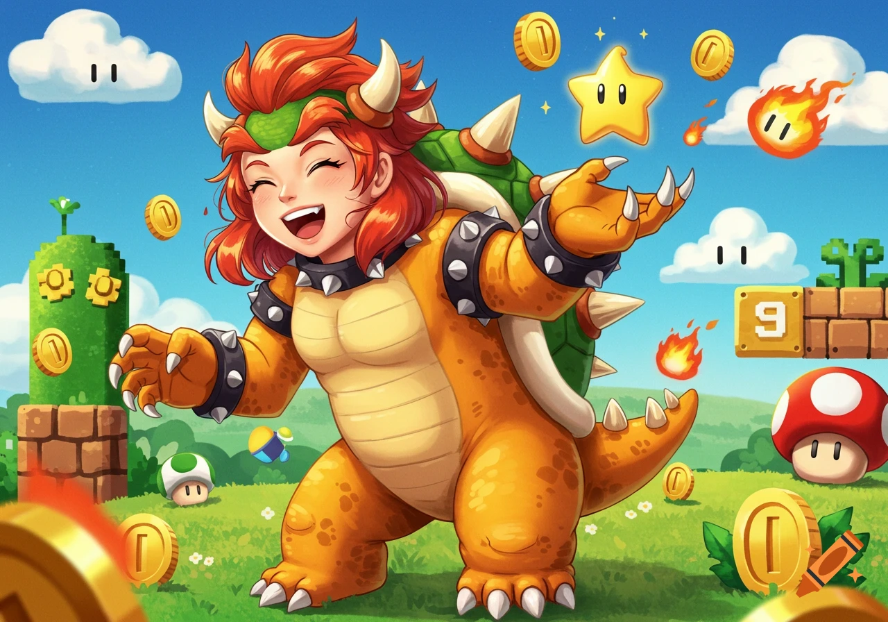 A happy, red-haired teenage girl dressed as Bowser poses in a vibrant anime Super Mario landscape with coins, blocks, and enemies.