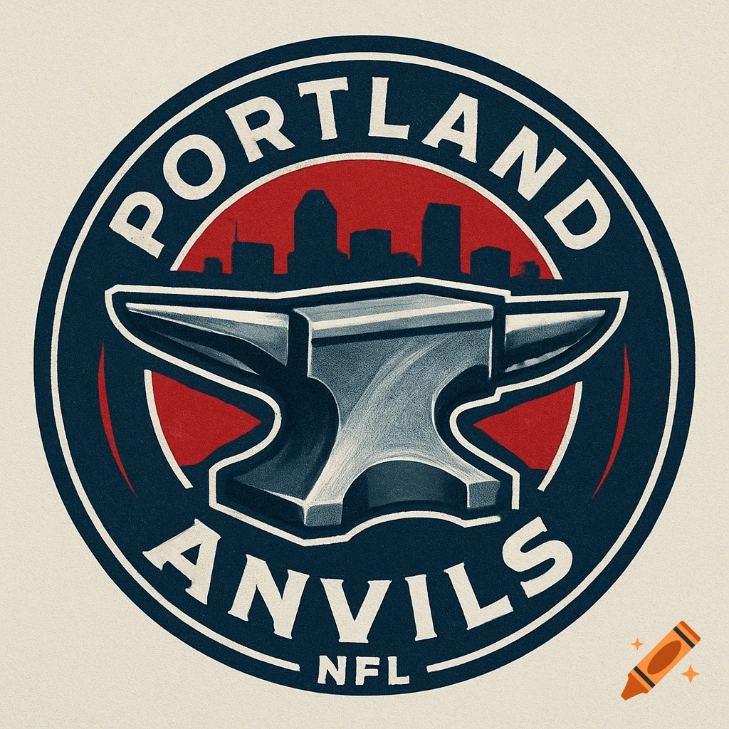 Circular graphic logo for Portland Anvils NFL team, featuring an anvil, city skyline, and text in blue, red, white, and gray.