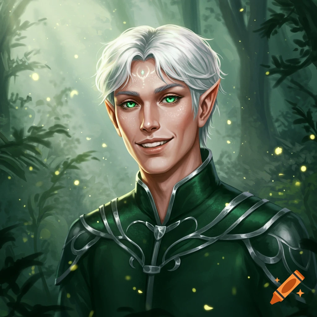 A smiling male elf with white hair and glowing green eyes, wearing a dark green tunic, stands in a magical forest.