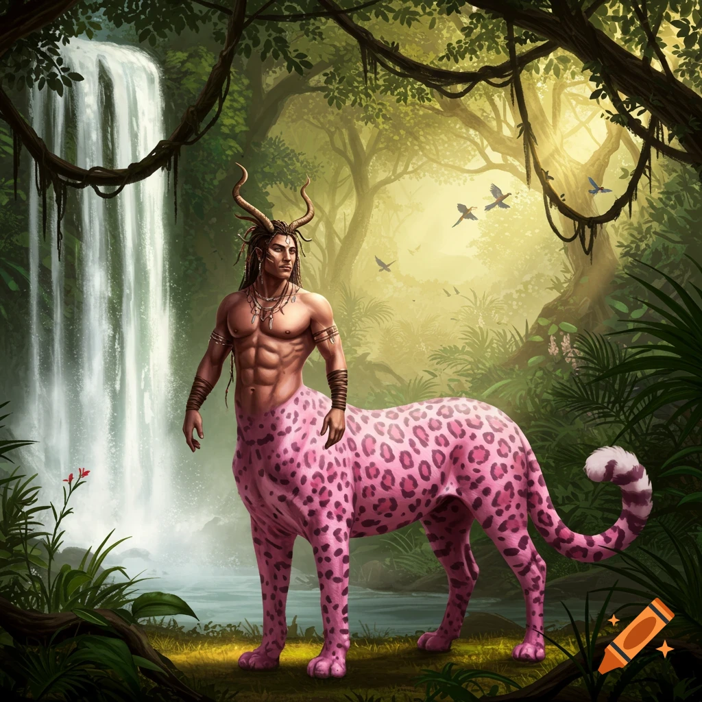 A muscular male centaur with a human torso and a pink leopard-spotted lower body stands by a waterfall in a lush jungle.