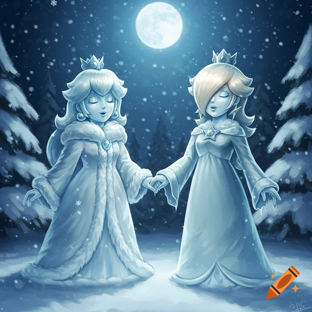 Princess Peach and Princess Rosalina as ice statues, eyes closed, smiling, holding hands in a moonlit snowy forest.