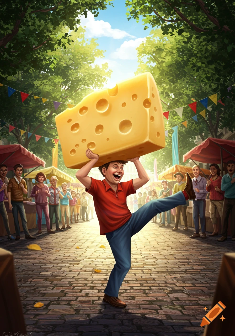 A smiling man in a red shirt and blue jeans balances a giant wedge of Swiss cheese on his head, lifting one leg in a joyful pose at a lively outdoor market festival.