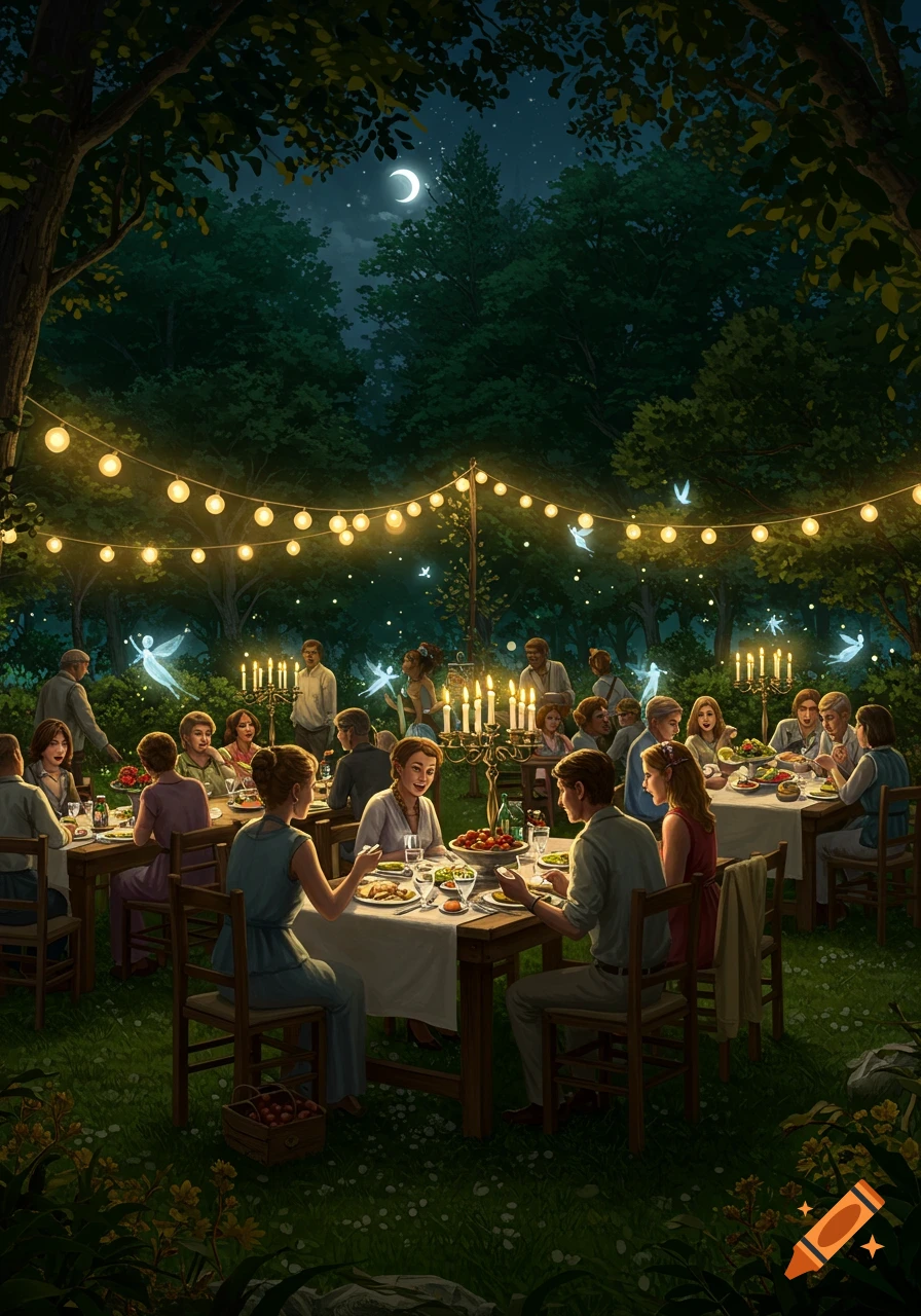 Illustrated night scene of a garden banquet with people dining under string lights and a crescent moon, with faint ethereal figures.