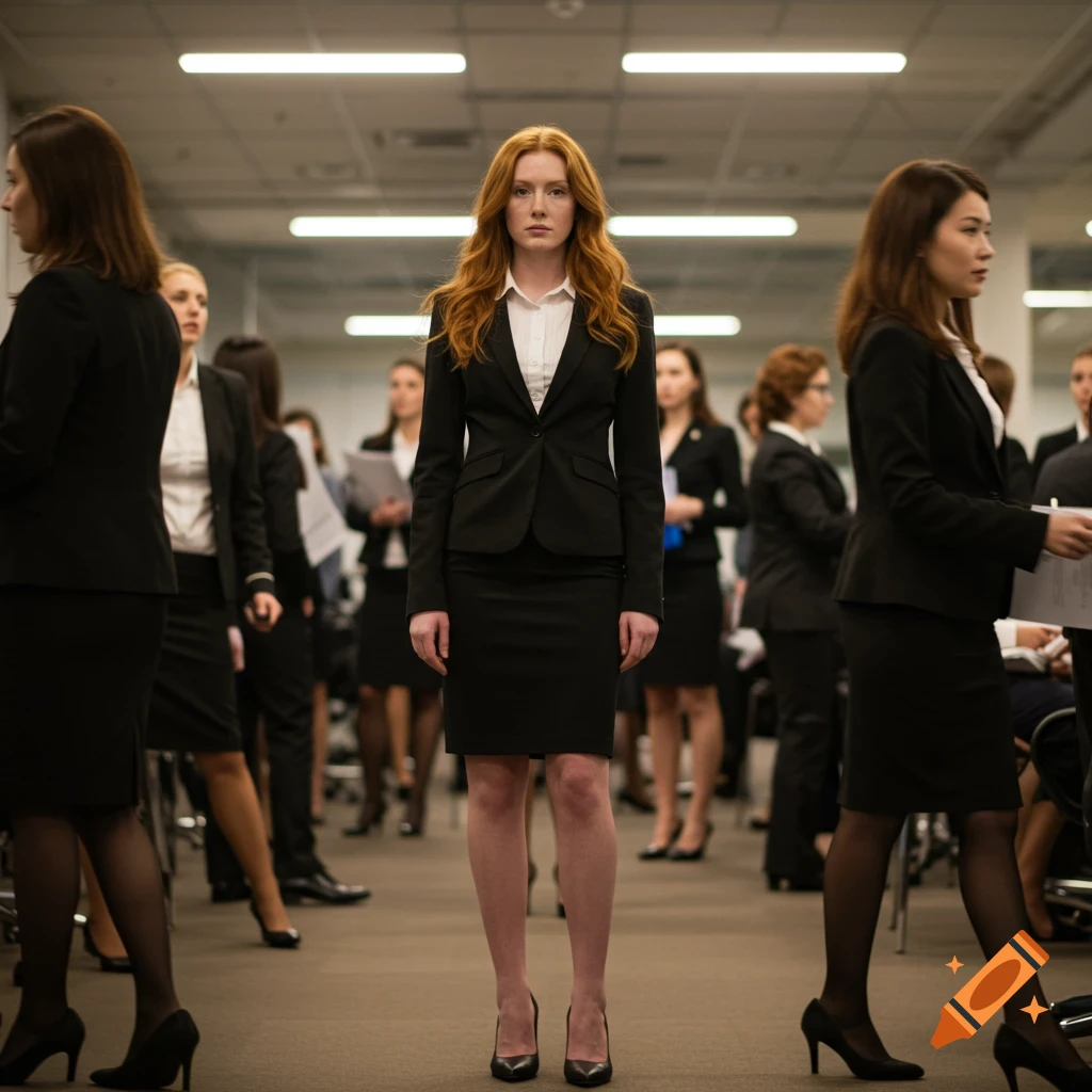 A redhead woman in a black business suit stands amongst a crowd of other businesswomen in an office setting.