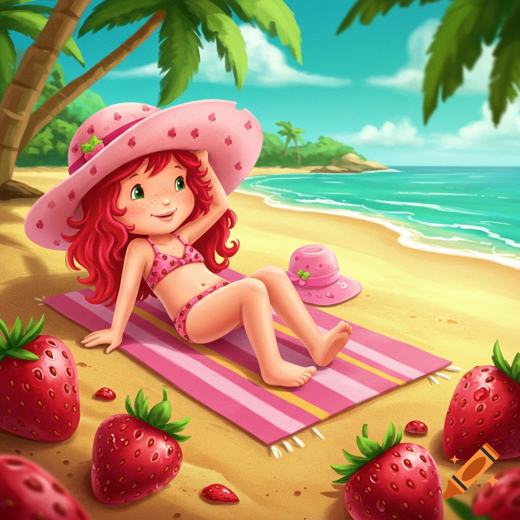 Cartoon Strawberry Shortcake in a pink bikini and sun hat sunbathing on a striped towel on a sandy beach with palm trees, ocean, and strawberries.