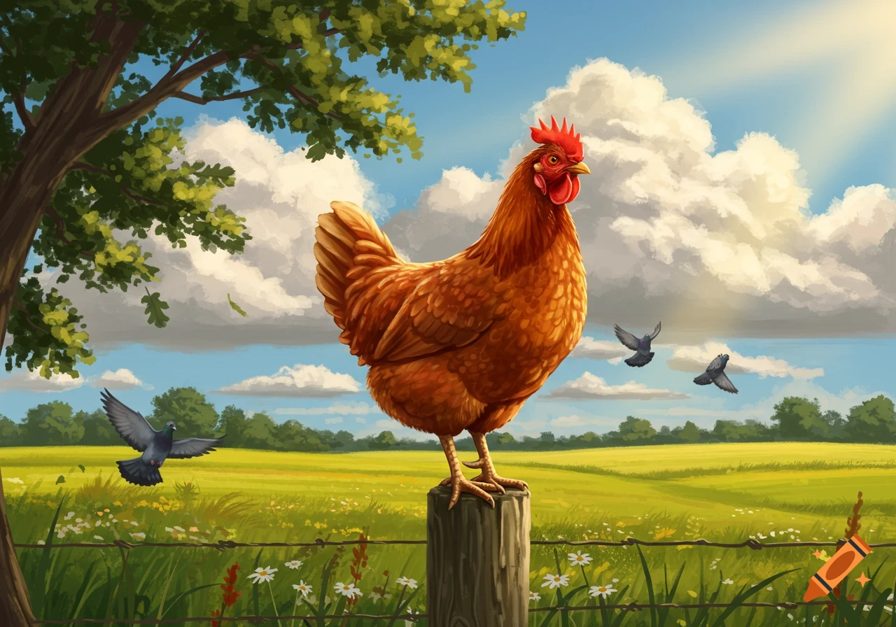 A brown chicken stands on a wooden post in a vibrant green field under a sunny sky with clouds and trees. Pigeons fly in the background.