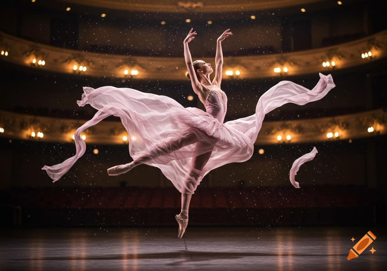 A photorealistic image of a ballerina in a pink tutu mid-leap on a stage with an audience in the background.