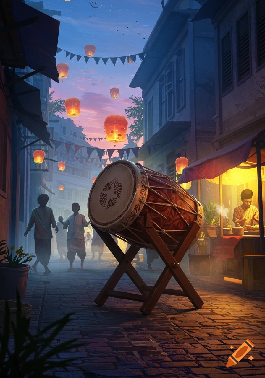 A large decorative drum stands in the foreground of a festive street scene at dusk, with glowing lanterns, old buildings, and people.