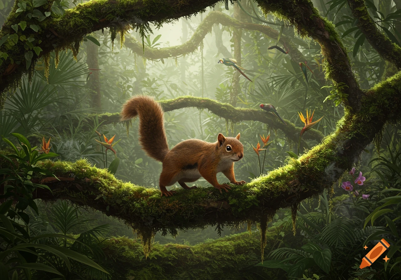 A photorealistic squirrel walks on a moss-covered branch in a misty, lush green jungle with tropical birds and flowers.