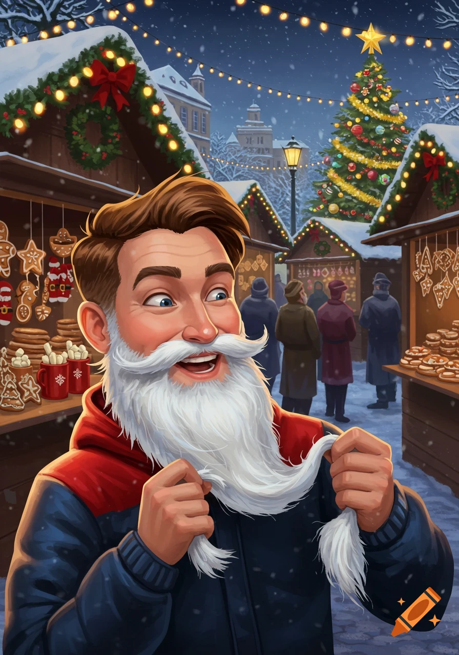 A smiling man with a long white beard pulls on it at a snowy outdoor Christmas market with decorated stalls and a tree.