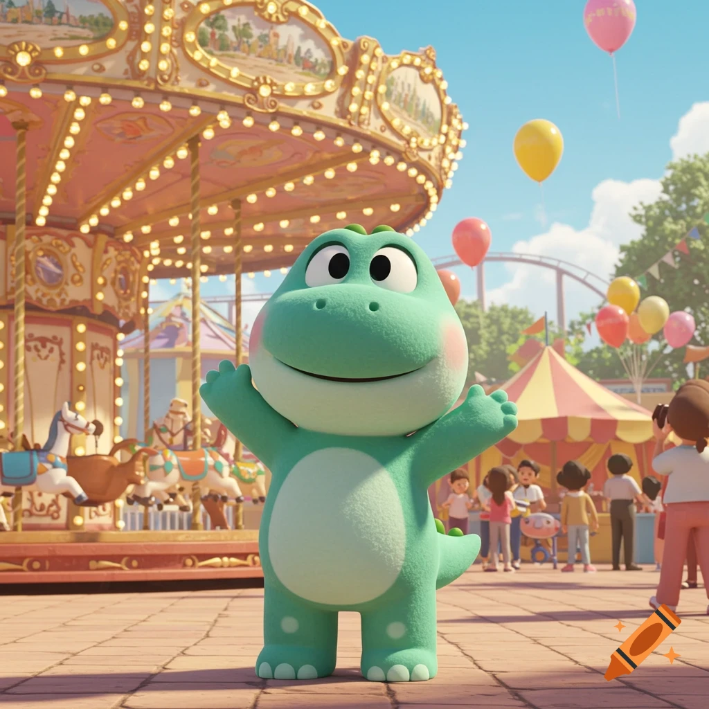 Cute green cartoon dinosaur standing happily in front of a brightly lit carousel at an amusement park.