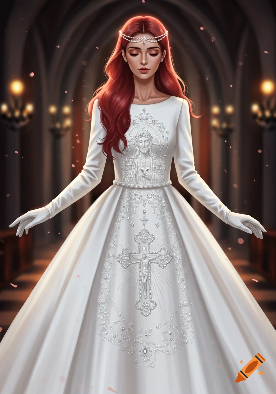 A woman in a white gown with religious embroidery, a pearl headpiece, and long red hair stands in a church.
