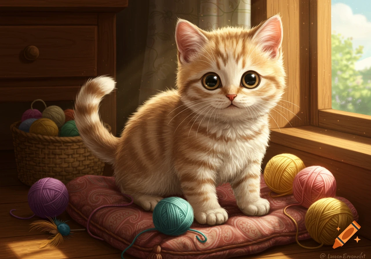 A cute, fluffy orange tabby kitten with big eyes sits on a pink cushion surrounded by colorful balls of yarn near a window.