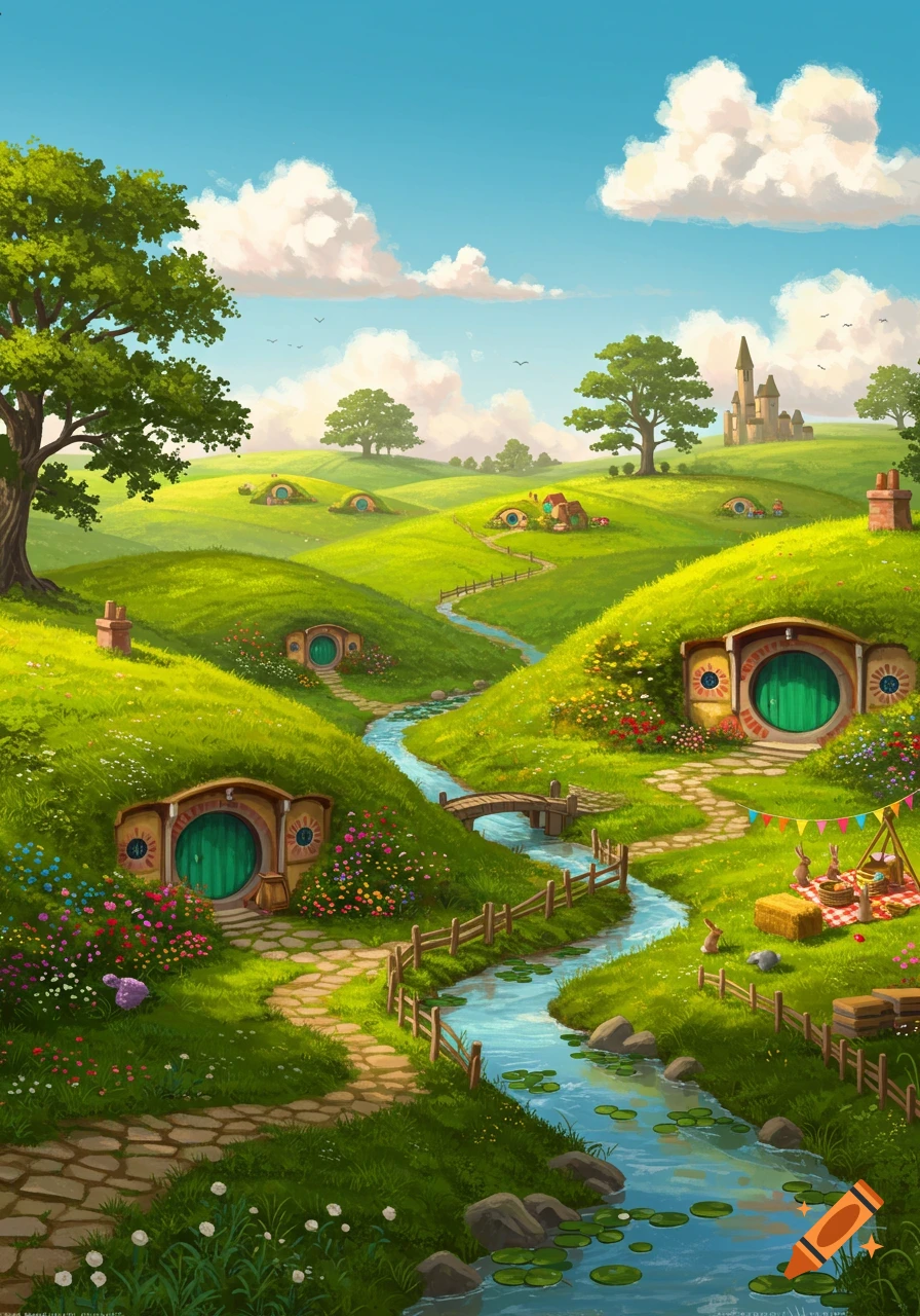 Vibrant fantasy illustration of a lush green valley with hobbit holes, a winding stream, trees, and flowers under a blue sky.