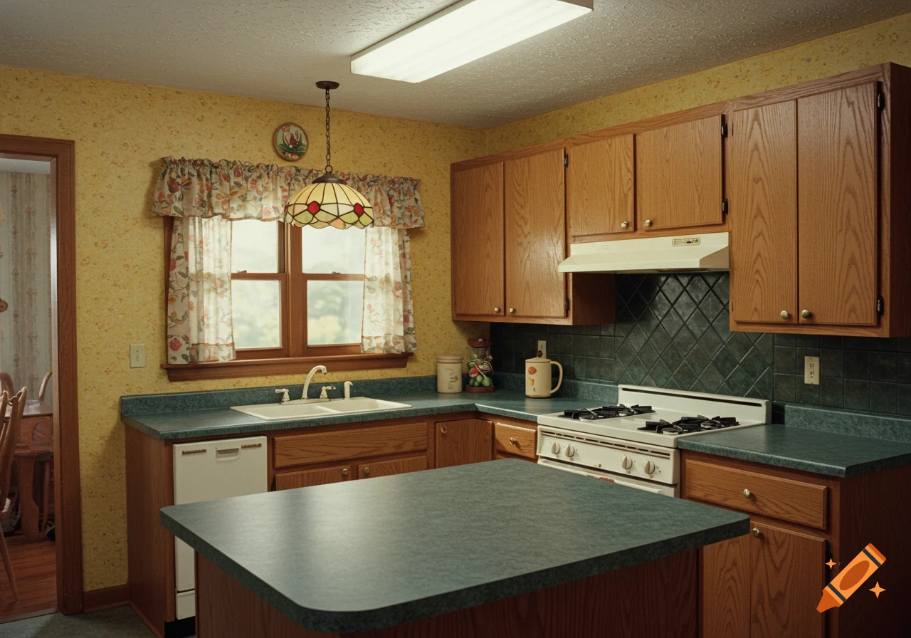 A 90s style kitchen with yellow sponge-painted walls, oak cabinets, blue-green countertops, white appliances, and a stained glass pendant light.