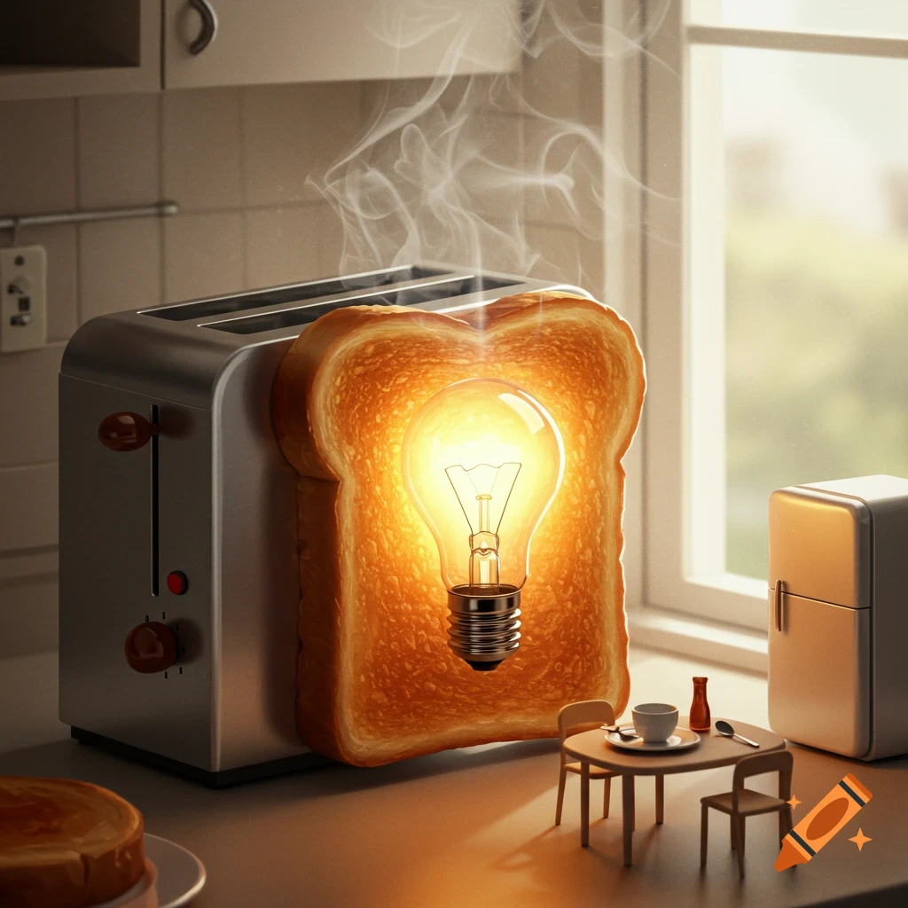 A photorealistic image of a glowing light bulb inside a slice of toast emerging from a toaster in a kitchen, with a miniature breakfast table.